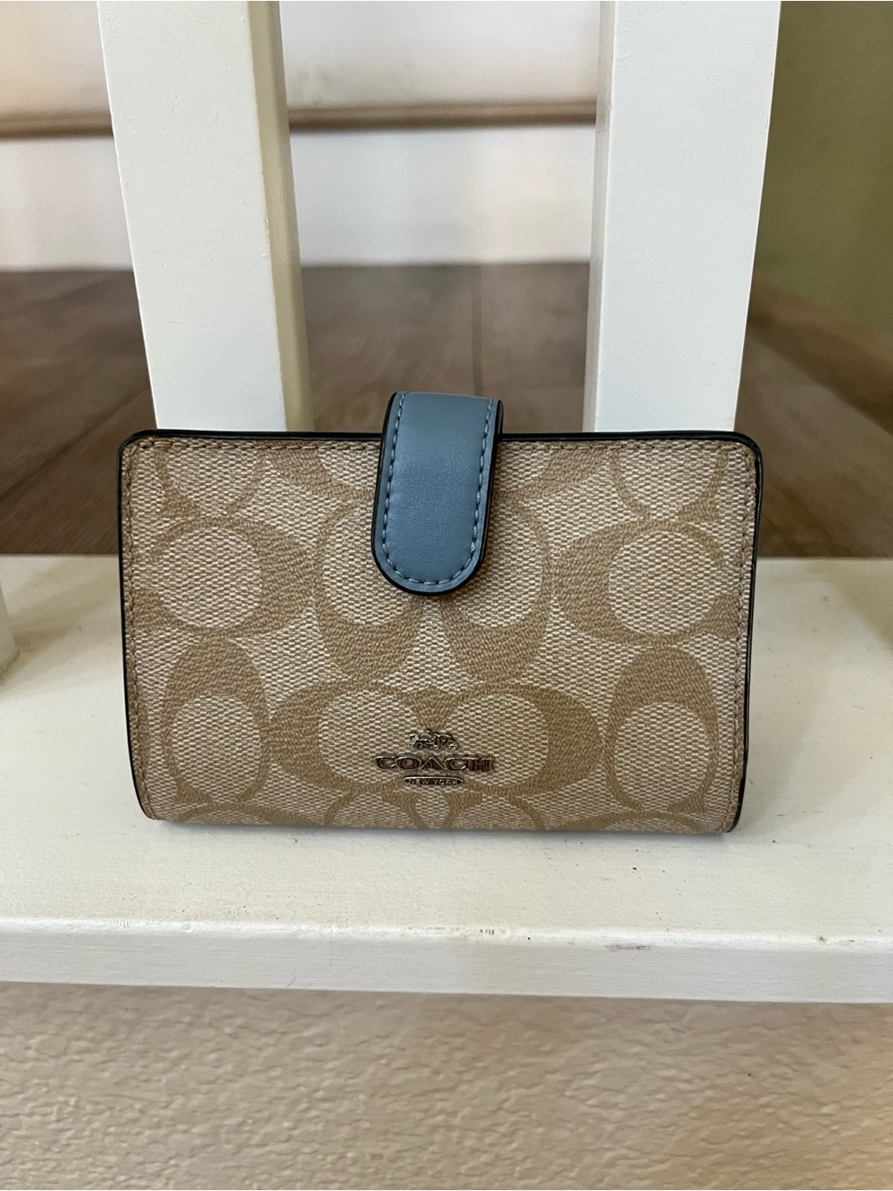 Coach Khaki Signature Canvas Wallet with Blue Snap